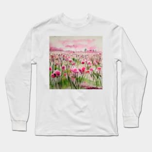 Pink watercolor flower field Long Sleeve T-Shirt